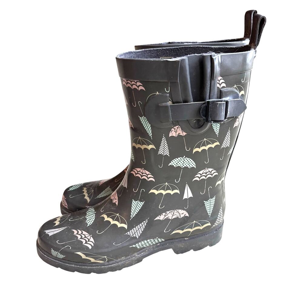 Capelli rubber rain boots ladies US 8M gray & pastel umbrellas mid calf shaft
